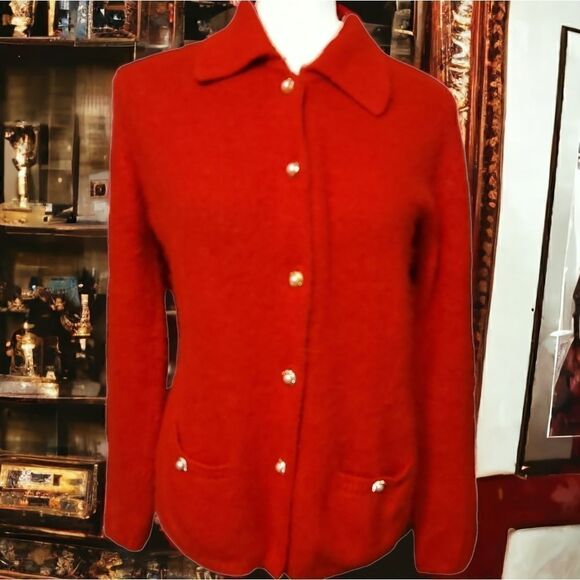 Neiman Marcus VTG Red Angora Sweater Cardigan Size M - Picture 1 of 11